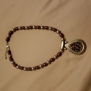 Gold Tone and Brown Necklace with Large Cheetah Medallion Pendant